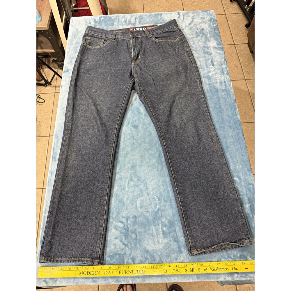 IZOD Comfort Stretch Straight Fit Jeans Mens 34x30 Casual Blue Denim Flaw Stain